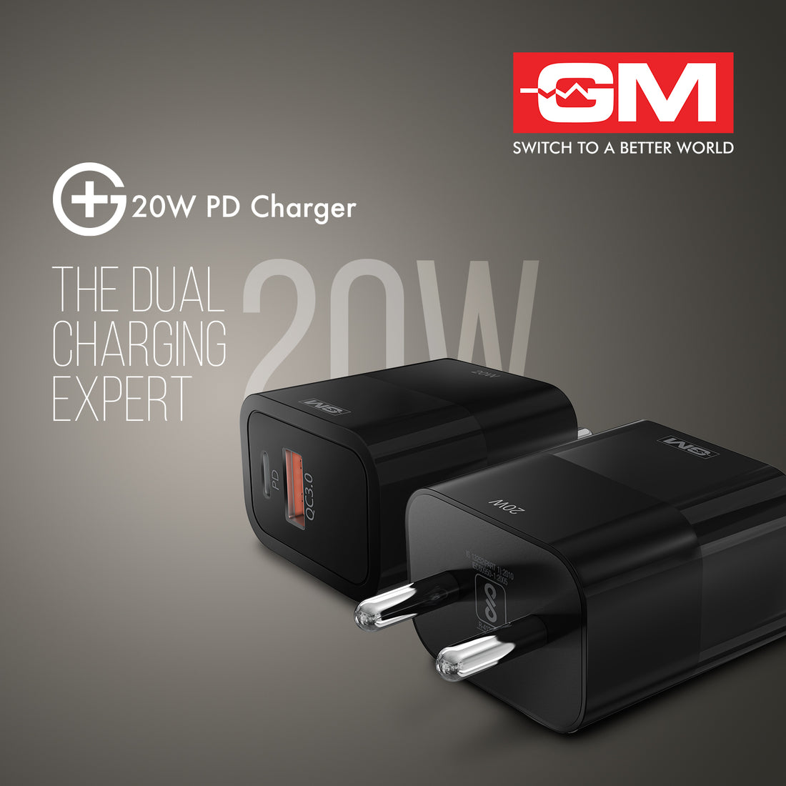 20W, Dual Port Adaptor (QC 3.0+PD) (Black)