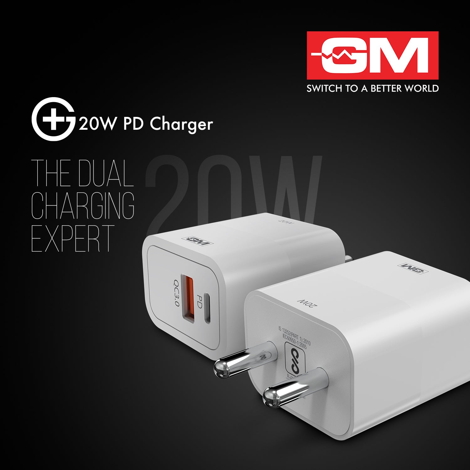 20W, Dual Port Adaptor (QC 3.0+PD) (White)