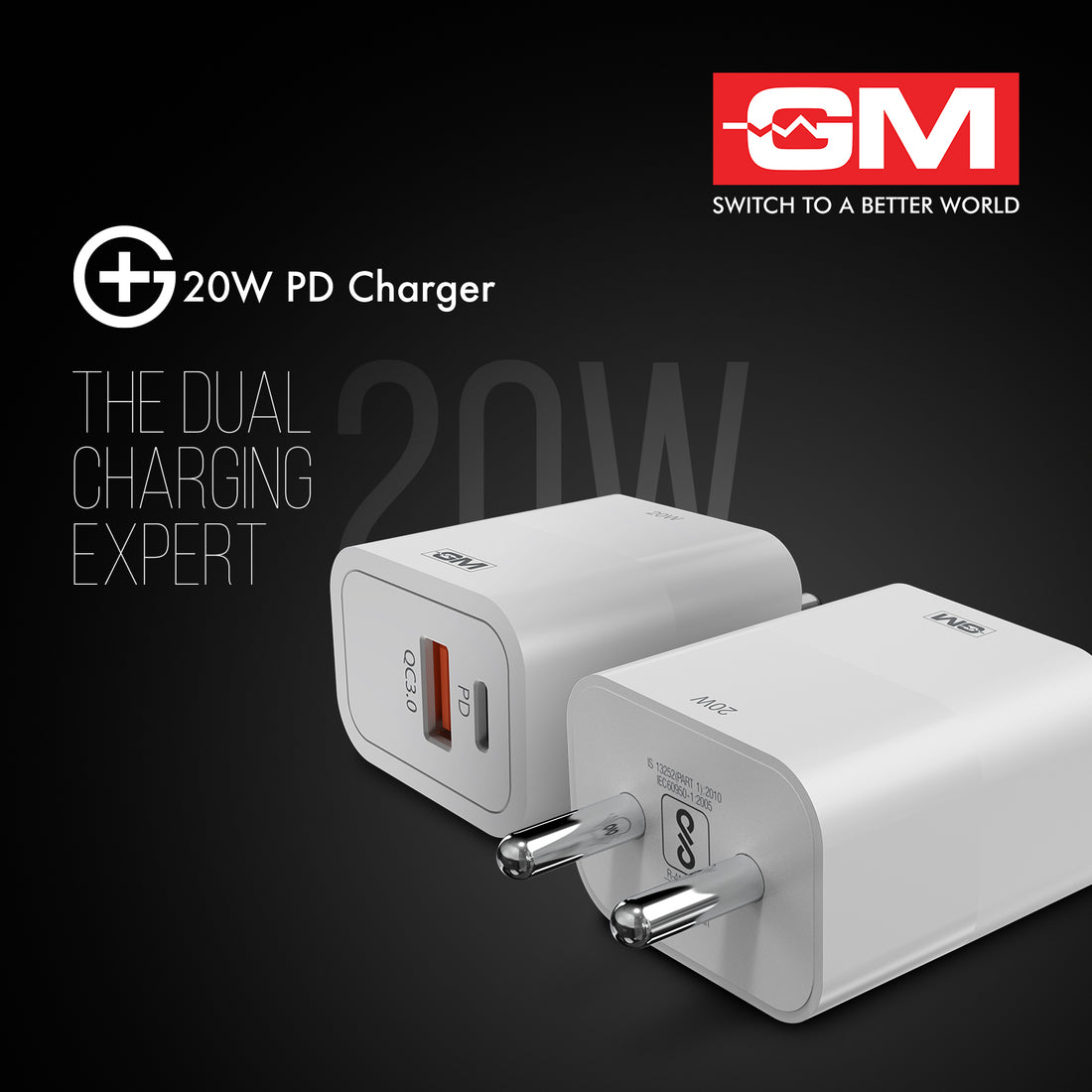 20W, Dual Port Adaptor (QC 3.0+PD) (White)