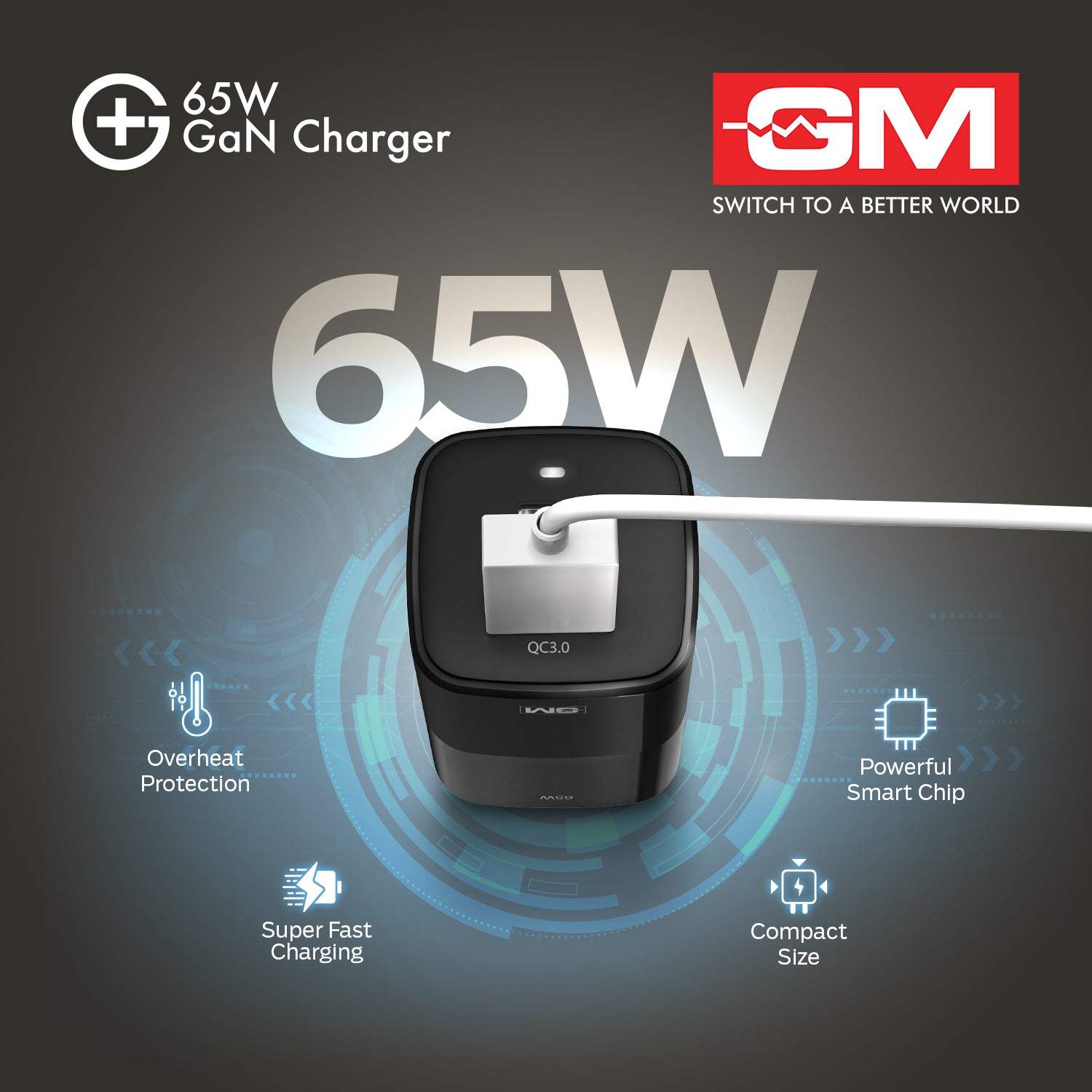 65W, Dual Port GAN Adaptor (QC 3.0+PD) (Black)