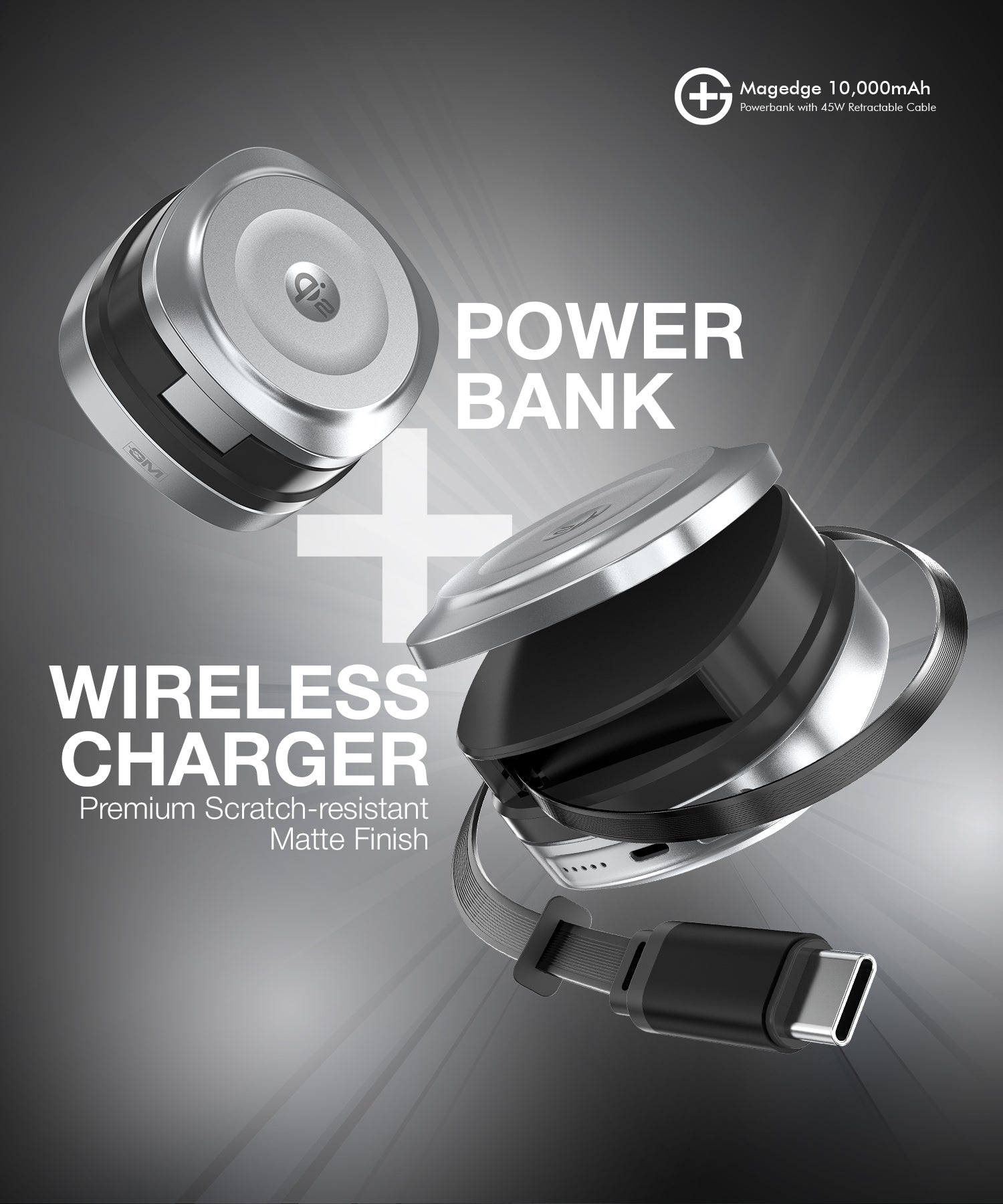 MAGEDGE 10000mAh Powerbank with 45W Type-C Retractable Cable
