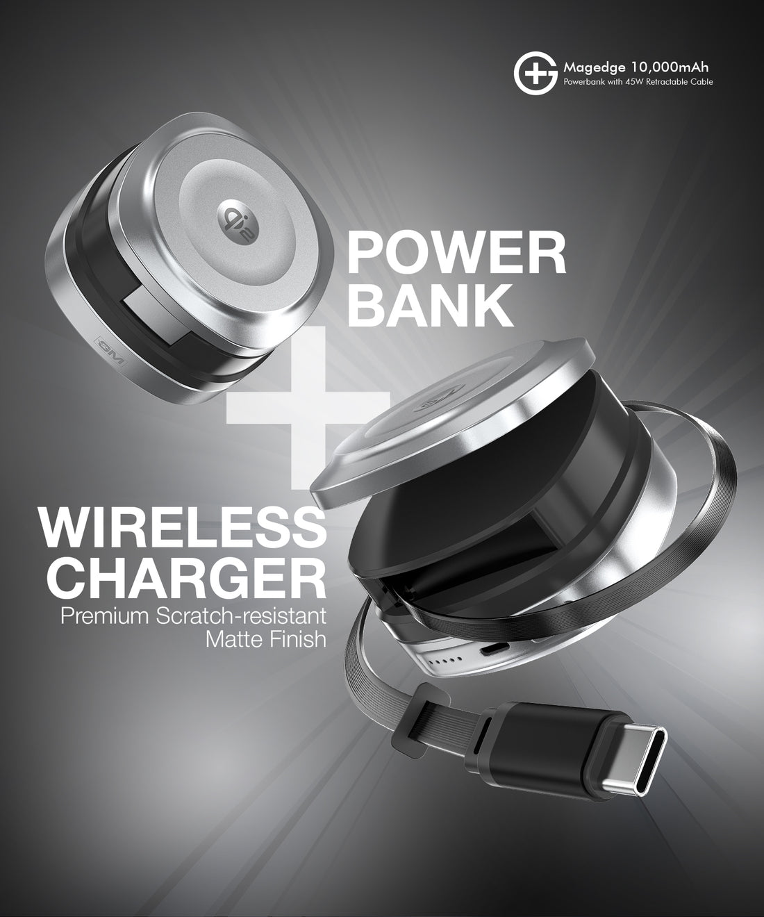 MAGEDGE 10000mAh Powerbank with 45W Type-C Retractable Cable