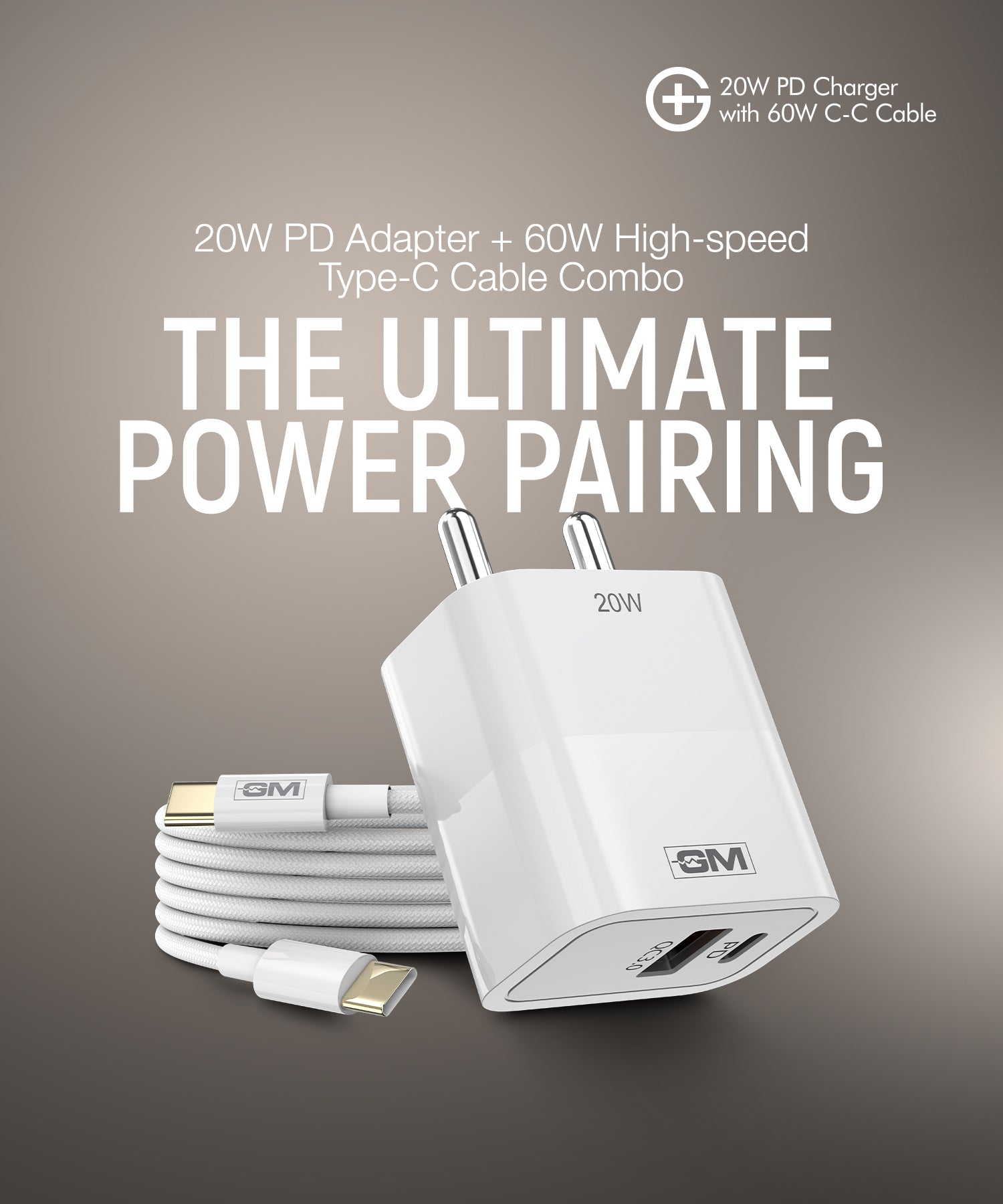 GM G+ 20W PD Fast Charger with 60W Type-C Cable 1M