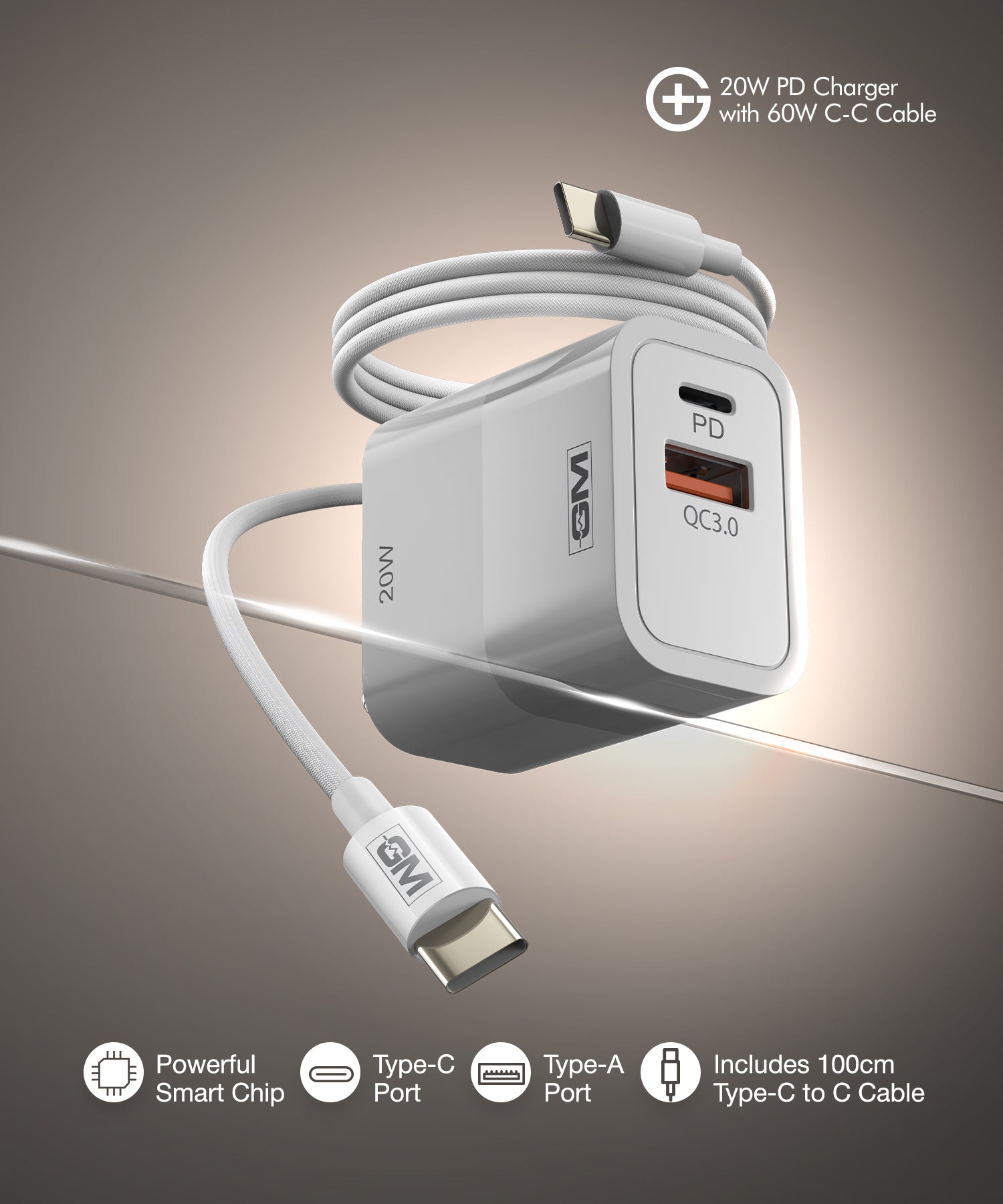 GM G+ 20W PD Fast Charger with 60W Type-C Cable 1M