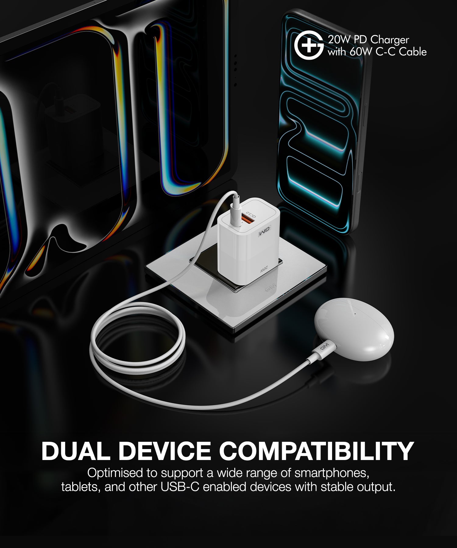 GM G+ 20W PD Fast Charger with 60W Type-C Cable 1M