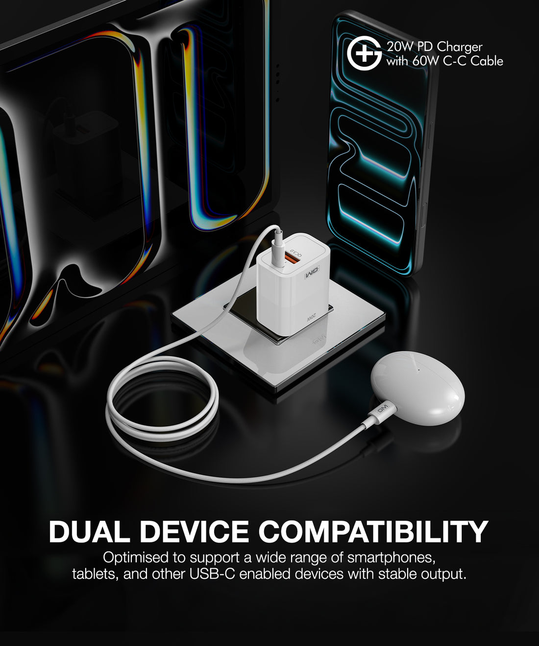 GM G+ 20W PD Fast Charger with 60W Type-C Cable 1M