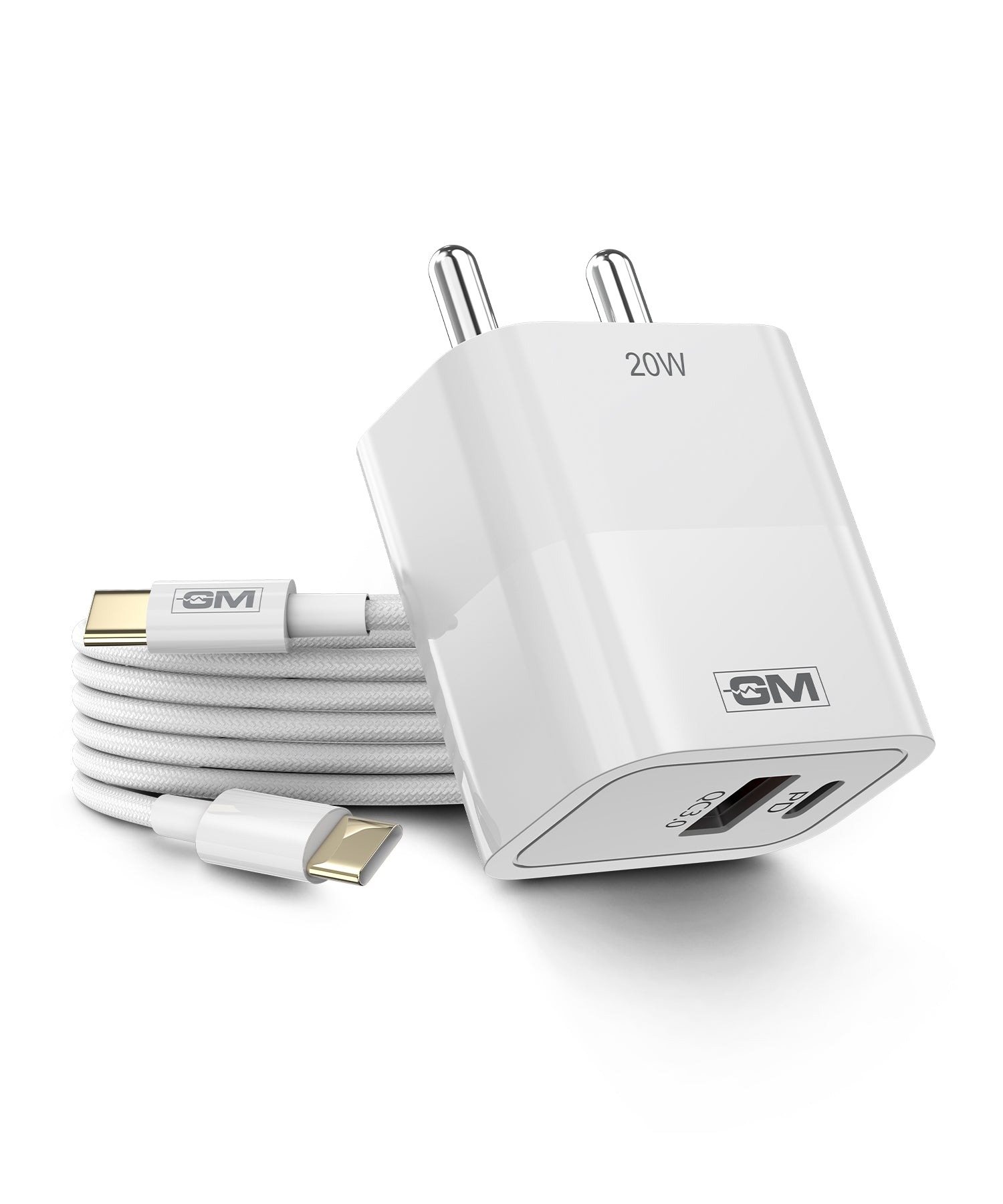 White GM G+ 20W PD charger with USB-A and USB-C ports and included USB-C cable