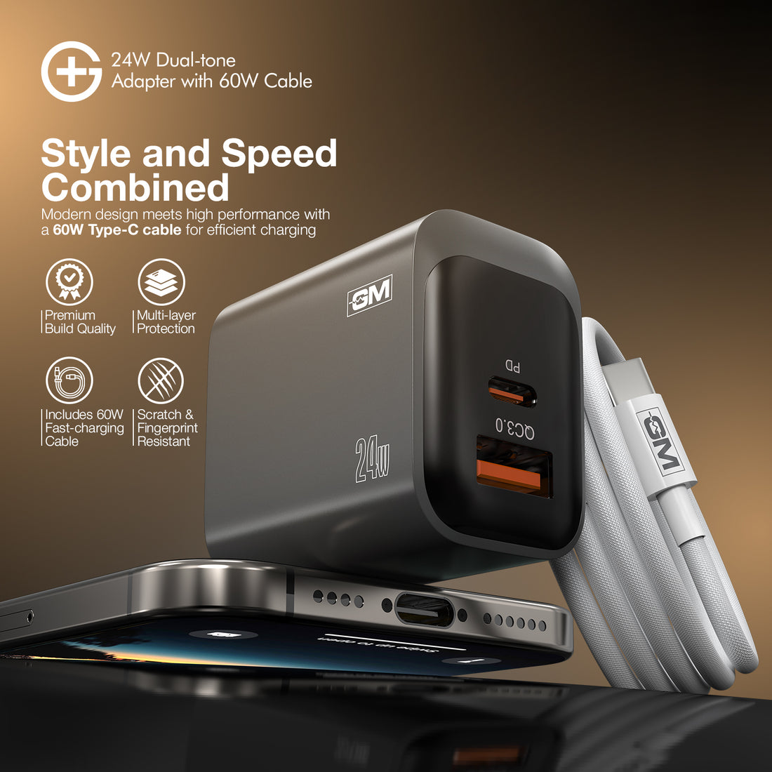 G+ Dual Tone (USB-A+C) PD Adapter - 24W with USB C-C Cable 60W (BLACK)
