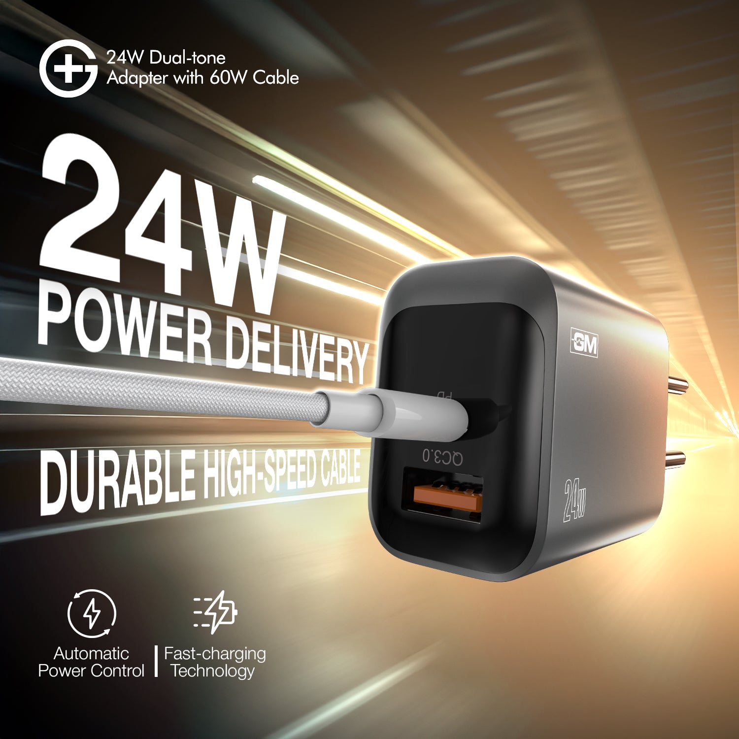 G+ Dual Tone (USB-A+C) PD Adapter - 24W with USB C-C Cable 60W (BLACK)