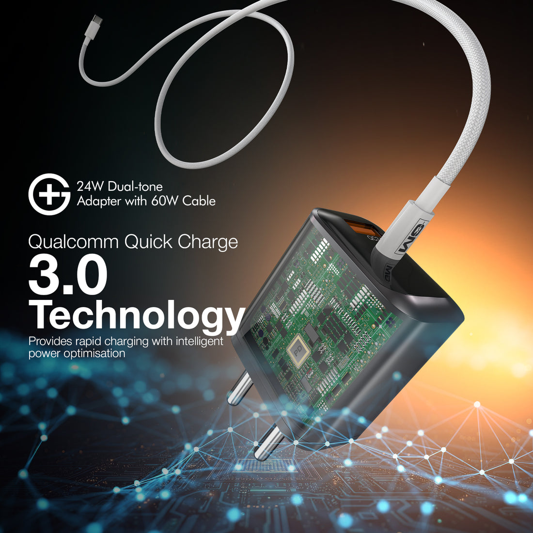 G+ Dual Tone (USB-A+C) PD Adapter - 24W with USB C-C Cable 60W (BLACK)