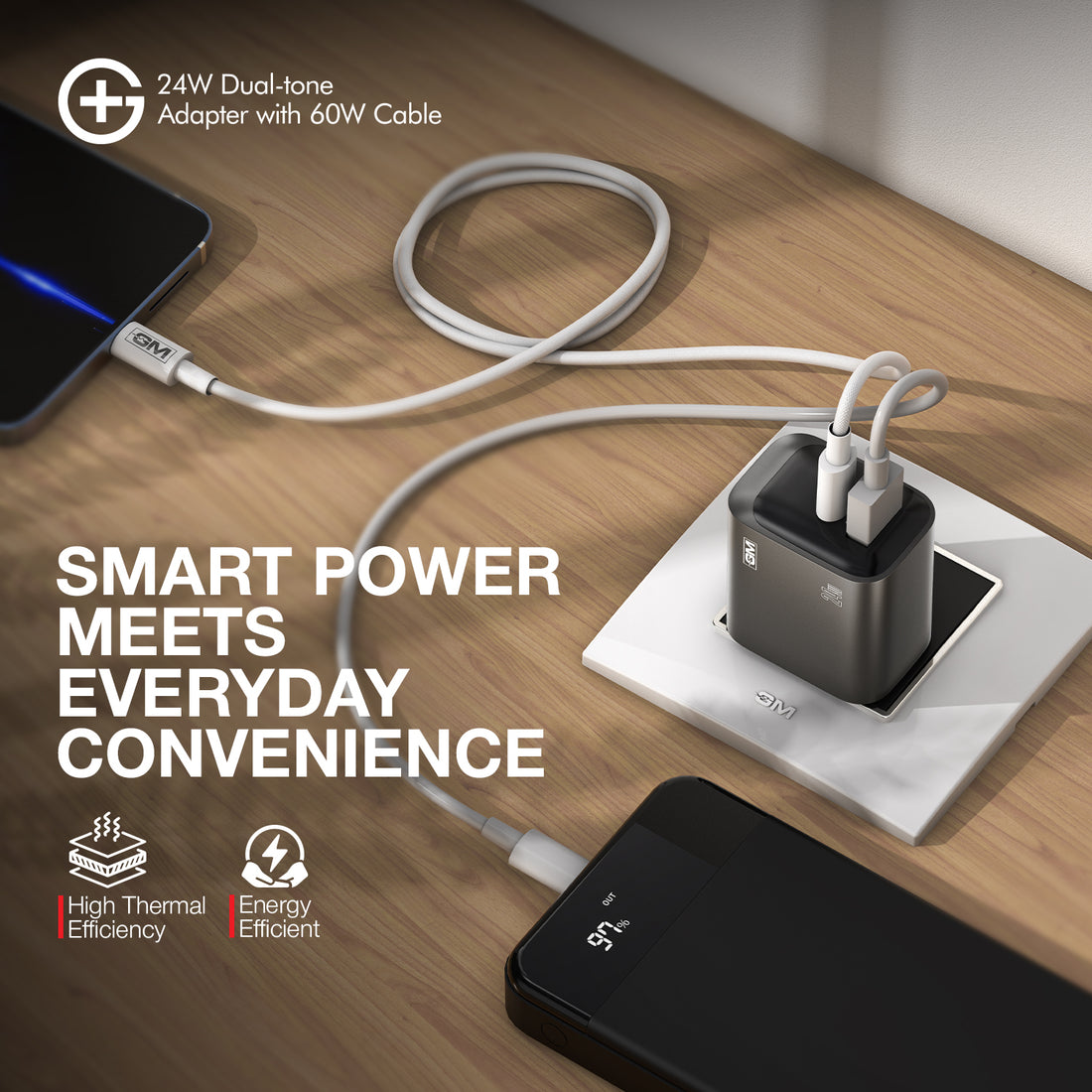 G+ Dual Tone (USB-A+C) PD Adapter - 24W with USB C-C Cable 60W (BLACK)