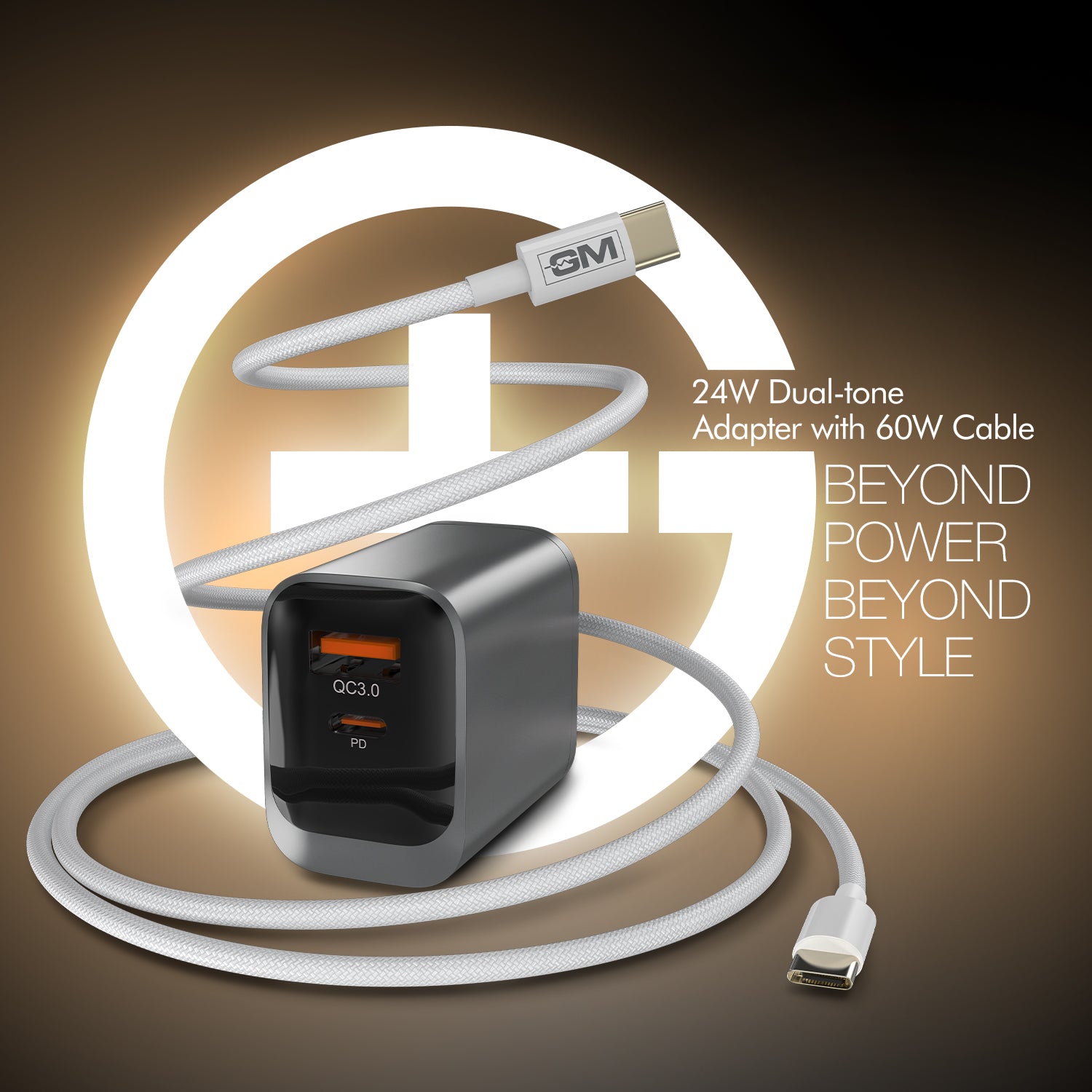 G+ Dual Tone (USB-A+C) PD Adapter - 24W with USB C-C Cable 60W (BLACK)