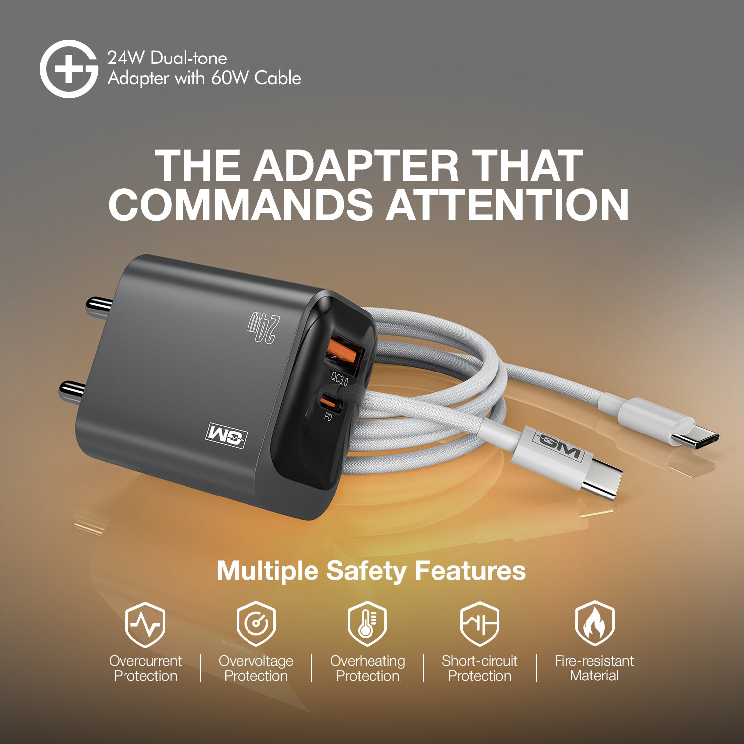 G+ Dual Tone (USB-A+C) PD Adapter - 24W with USB C-C Cable 60W (BLACK)