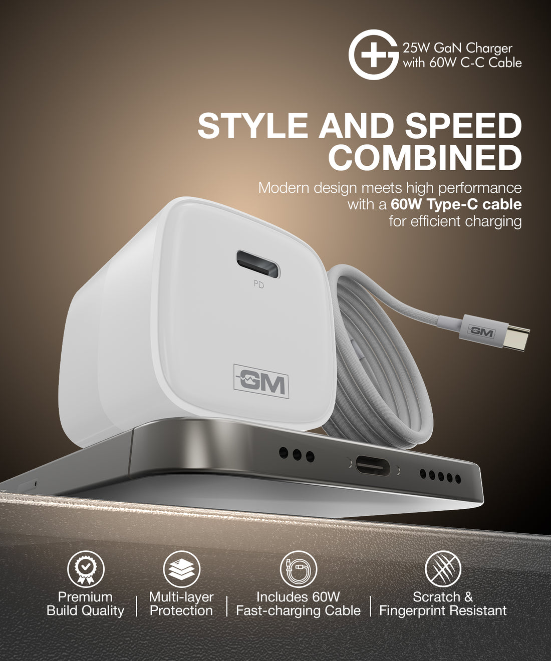 GM G+ 25W GaN Charger with 60W C-C Cable - white