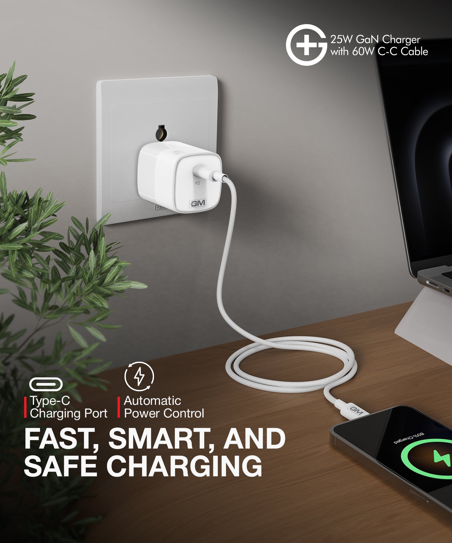 GM G+ 25W GaN Charger with 60W C-C Cable - white