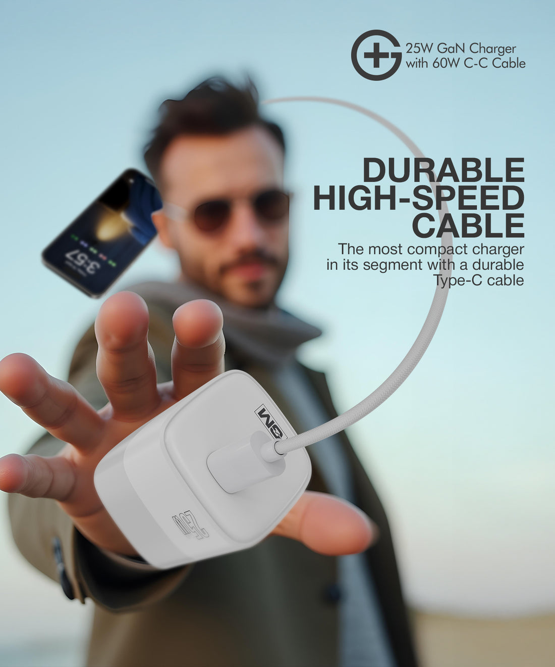GM G+ 25W GaN Charger with 60W C-C Cable - white