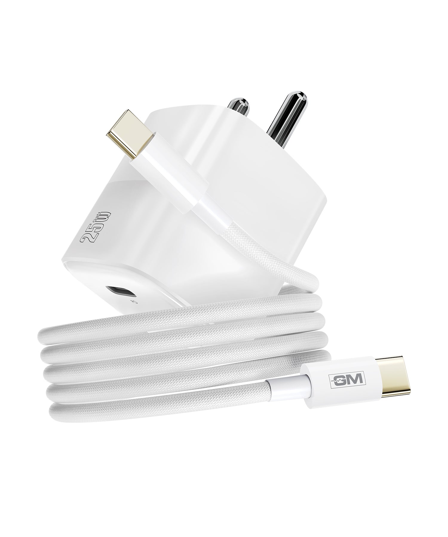 White GM G+ 25W GaN charger with included USB-C to USB-C cable