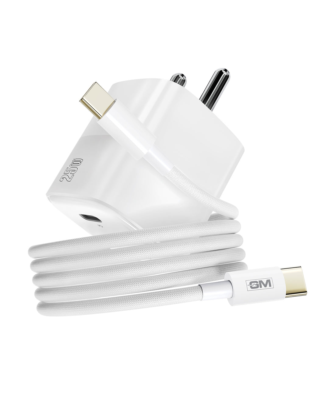 White GM G+ 25W GaN charger with included USB-C to USB-C cable