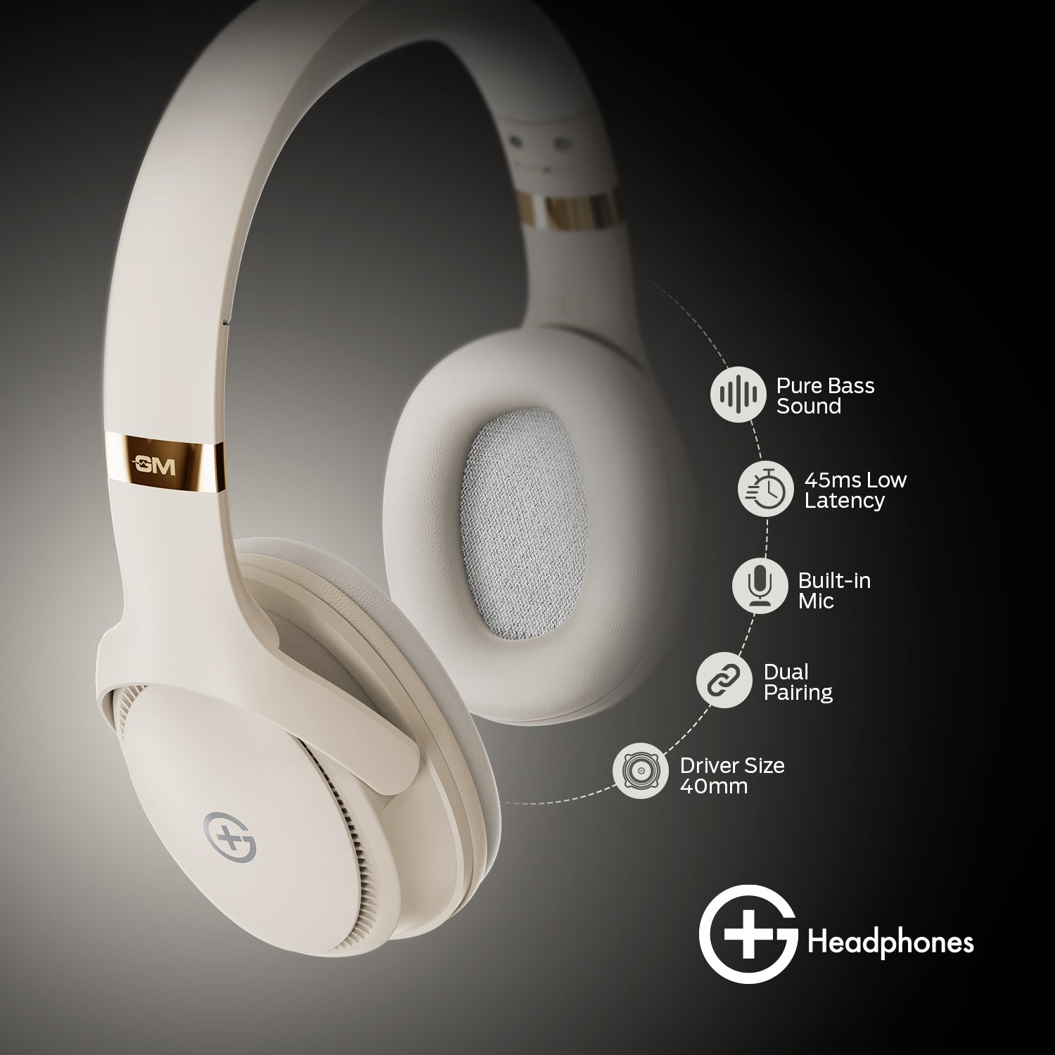 G+ Headphones BT 5.3, Pure Bass, Dual Pairing, 70H Playtime  (Beige)