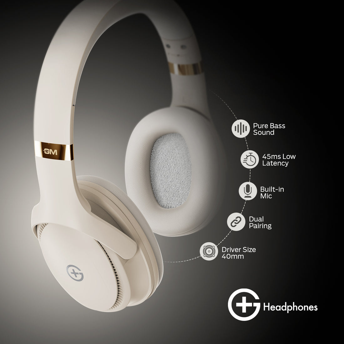 G+ Headphones BT 5.3, Pure Bass, Dual Pairing, 70H Playtime  (Beige)