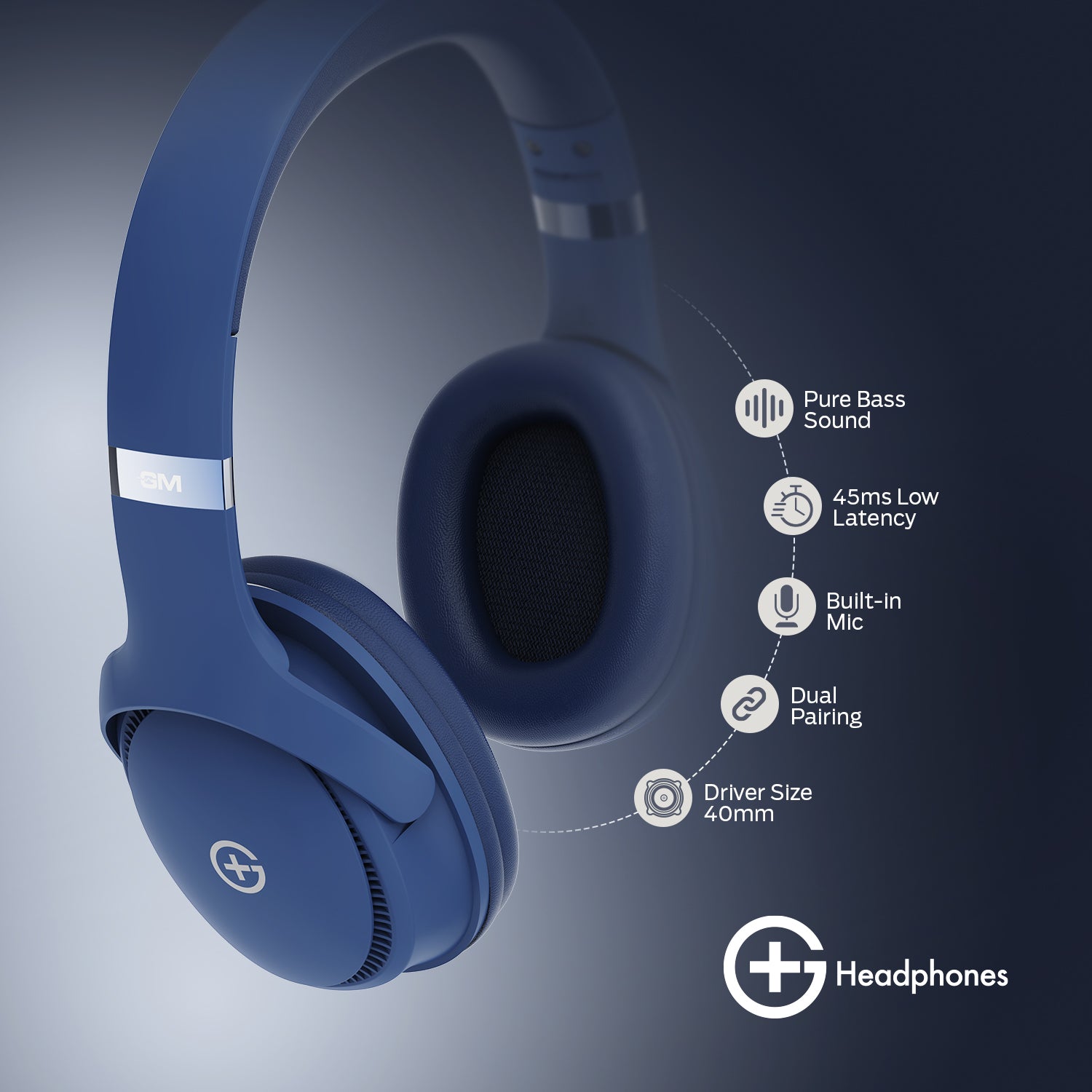 G+ Headphones BT 5.3, Pure Bass, Dual Pairing, 70H Playtime (Blue)