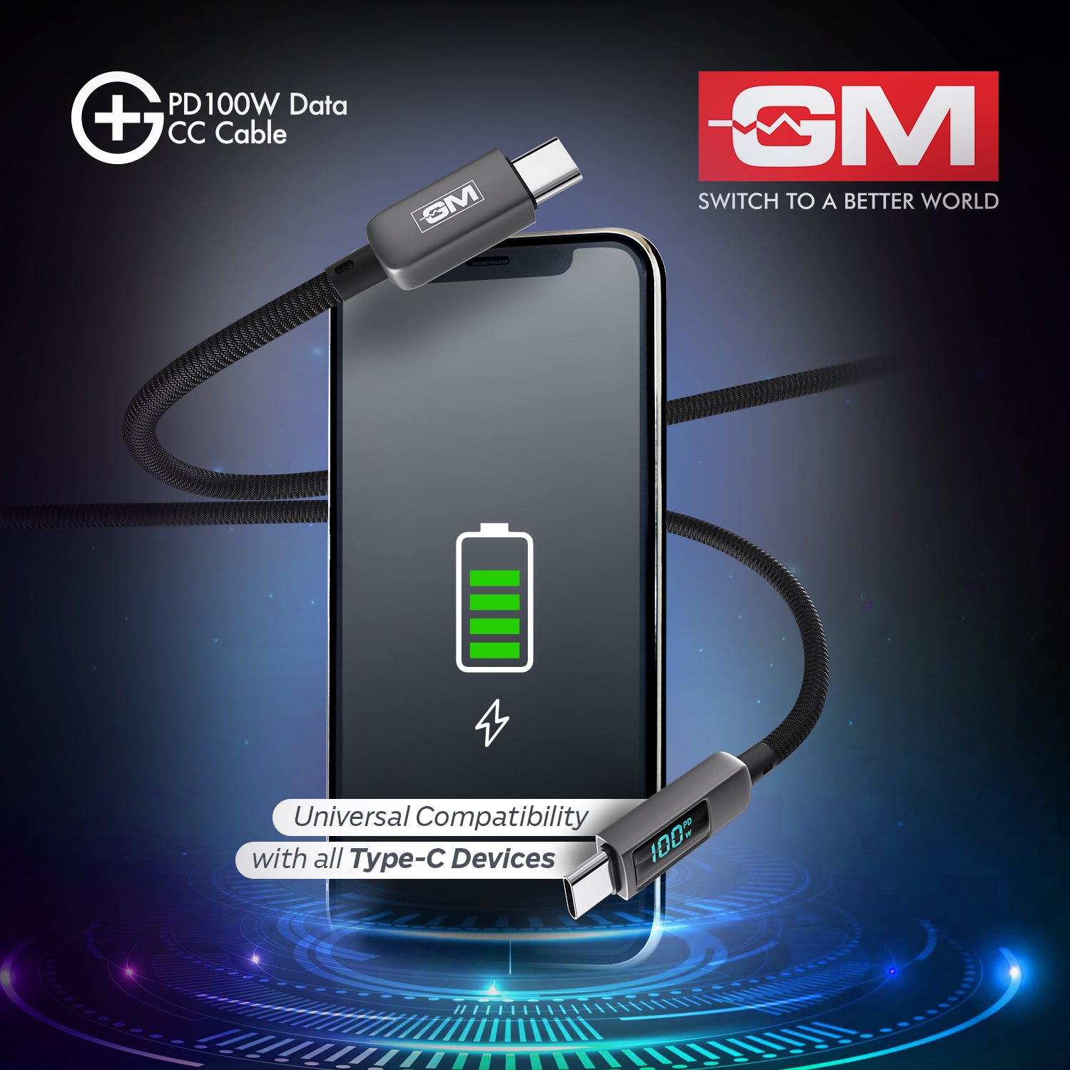 PD 100W DATA CC CABLE With DIGITAL DISPLAY (Metallic Grey)