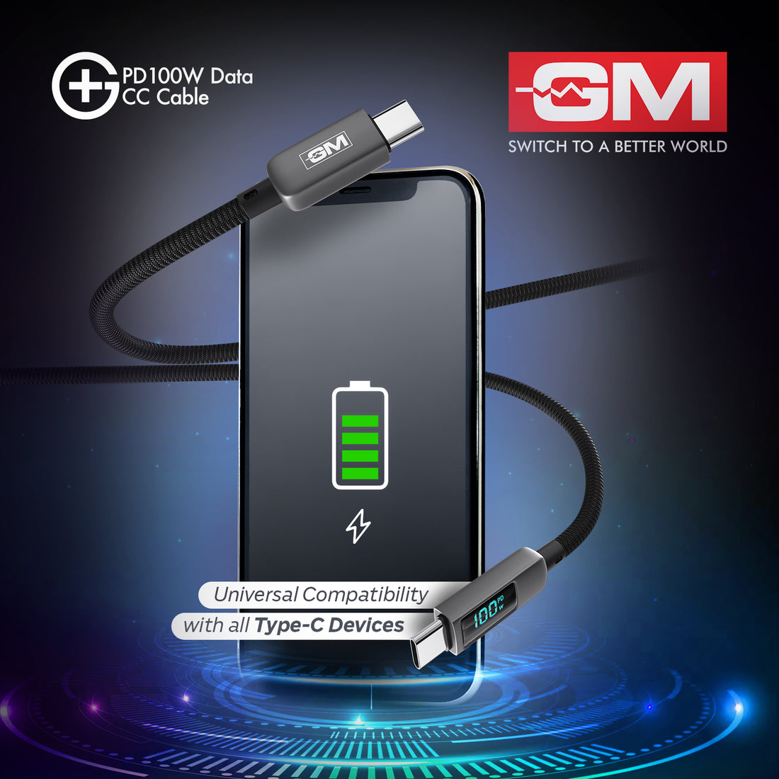 PD 100W DATA CC CABLE With DIGITAL DISPLAY (Metallic Grey)