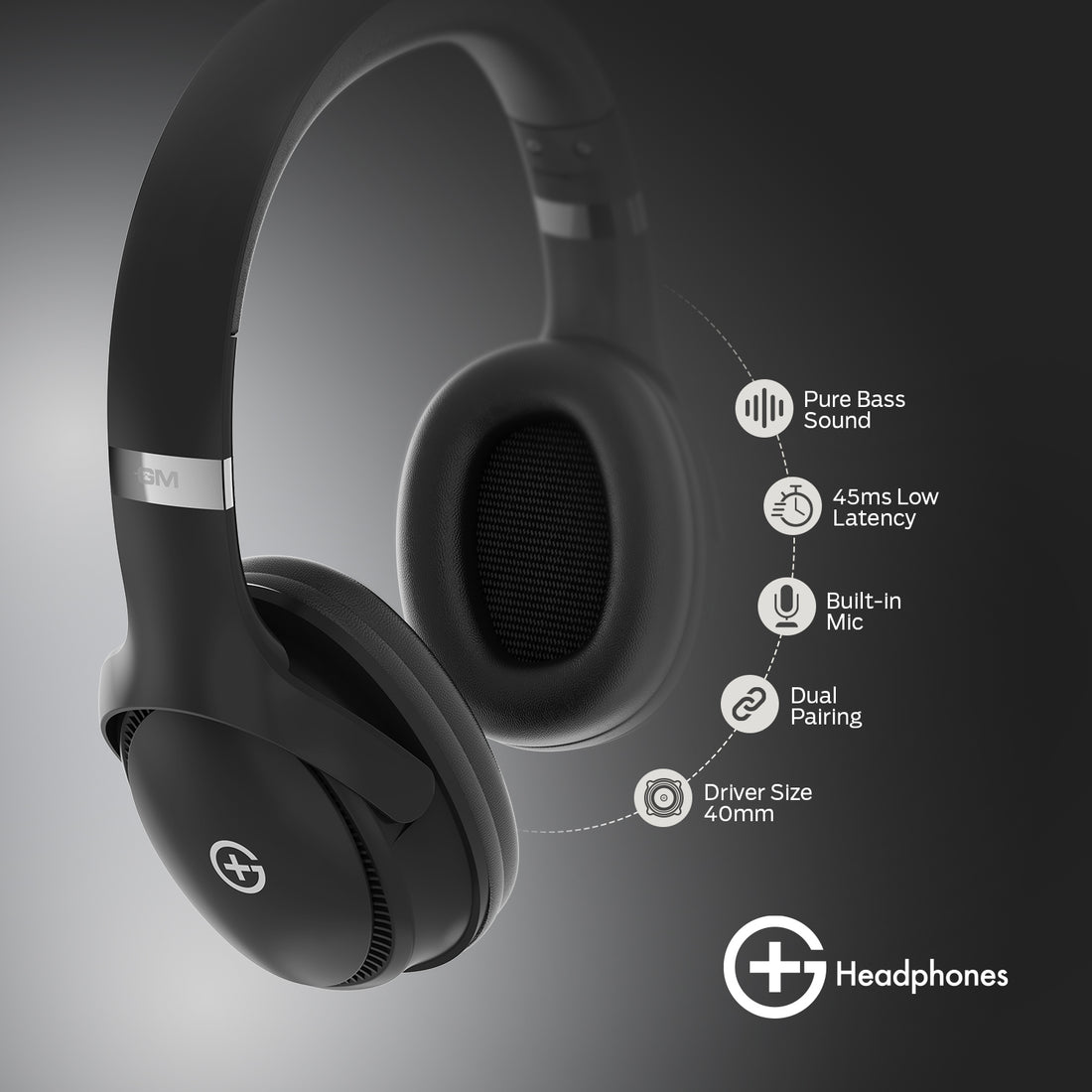 G+ Headphones BT 5.3, Pure Bass, Dual Pairing, 70H Playtime (Black)