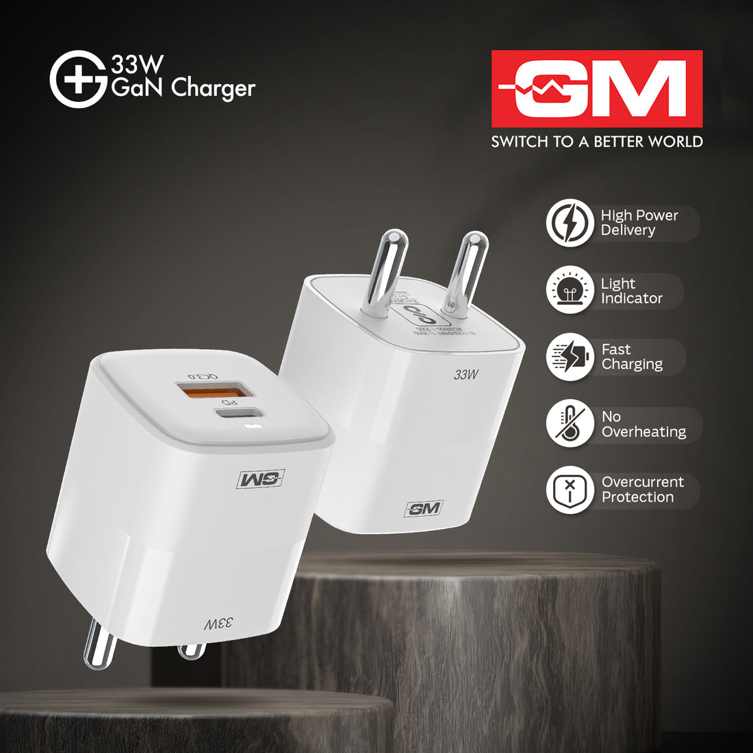 33W, Dual Port GAN Adaptor (QC 3.0+PD) (White)