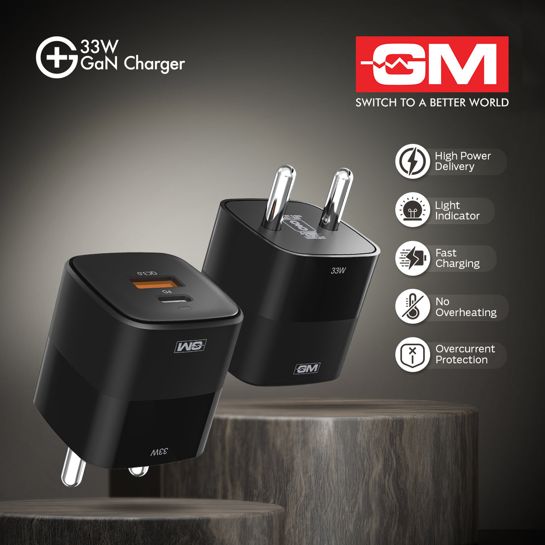 33W, Dual Port GAN Adaptor (QC 3.0+PD) (Black)