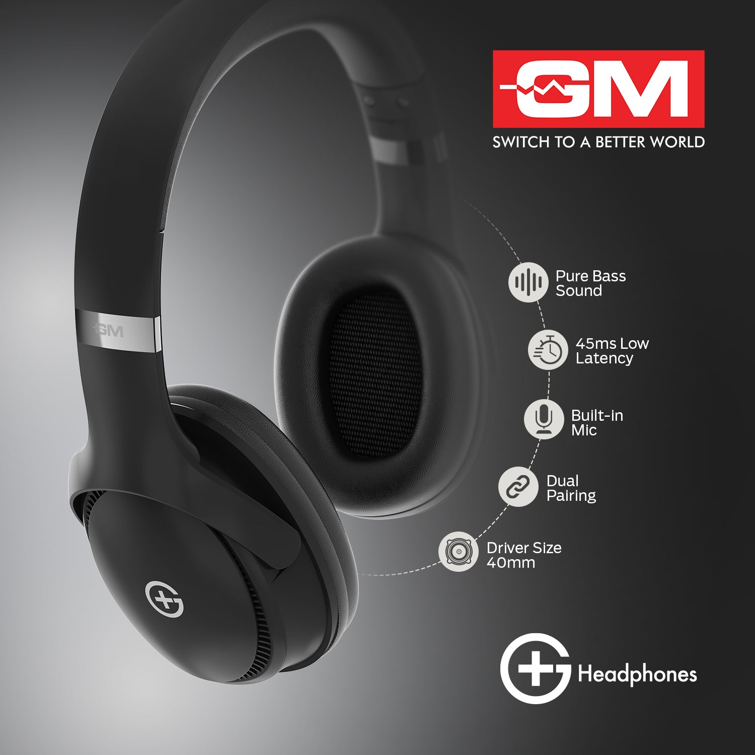 HEADPHONES - BT 5.3, 55H, PURE BASS, LOW LATENCY (Black)