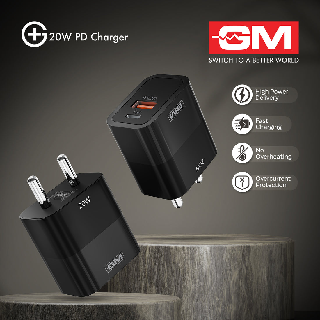 20W, Dual Port Adaptor (QC 3.0+PD) (Black)