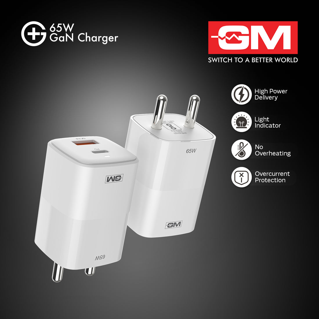 65W, Dual Port GAN Adaptor (QC 3.0+PD) (White)