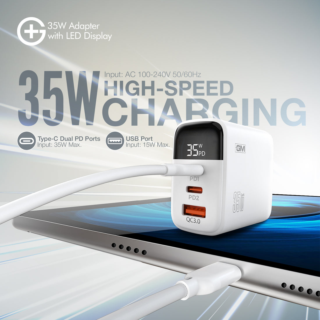 G+ Adapter with LED Display - 35W Fast Charging (White)