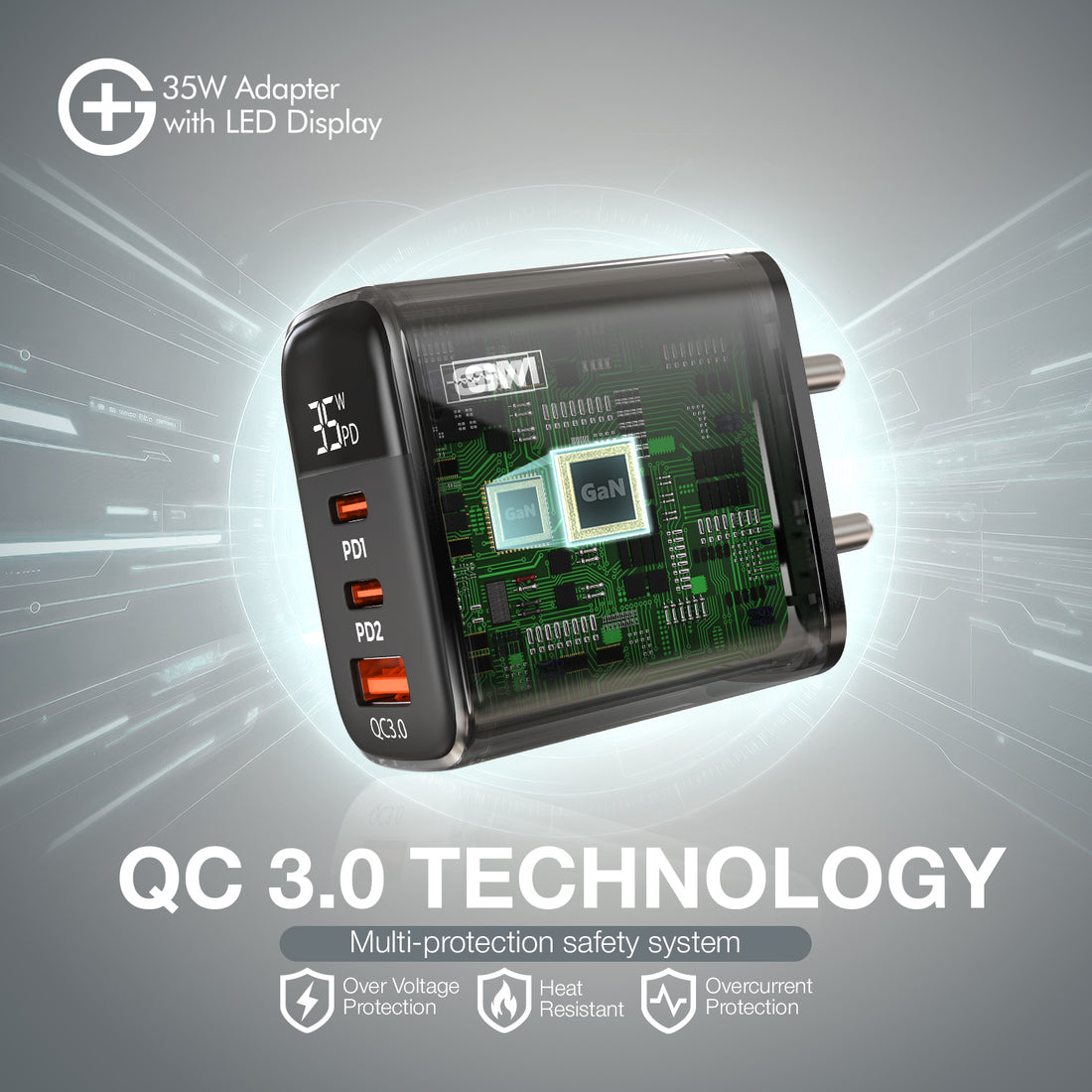 G+ Adapter with LED Display - 35W Fast Charging (Black )