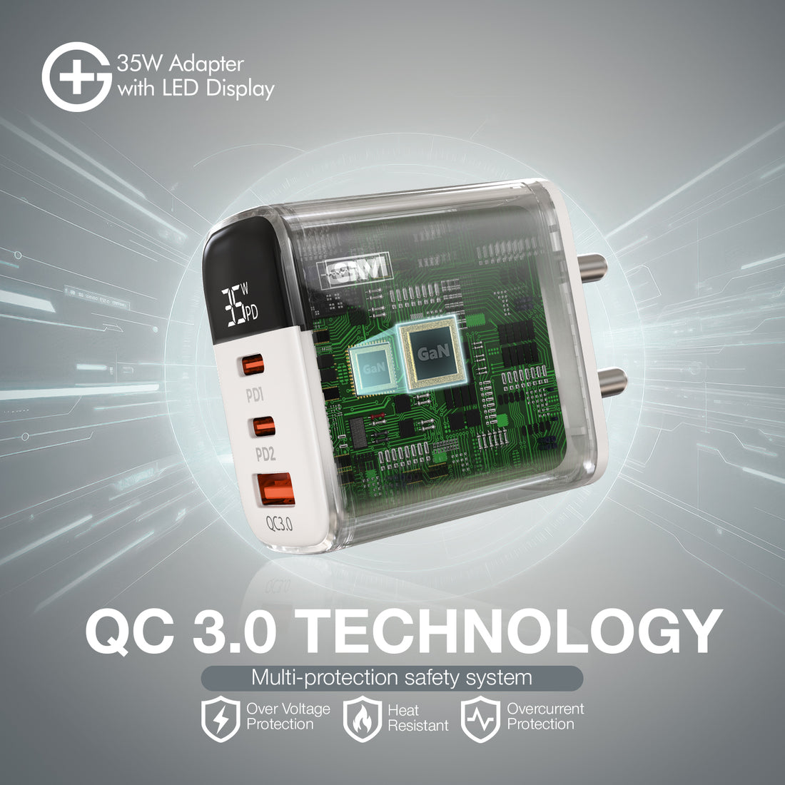 G+ Adapter with LED Display - 35W Fast Charging (White)
