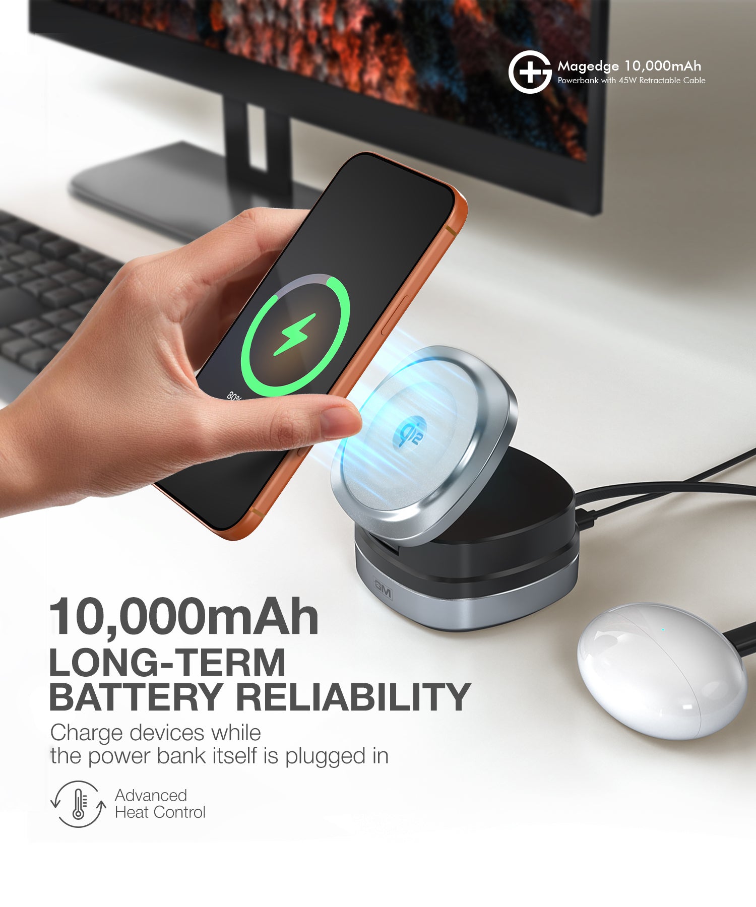 MAGEDGE 10000mAh Powerbank with 45W Type-C Retractable Cable