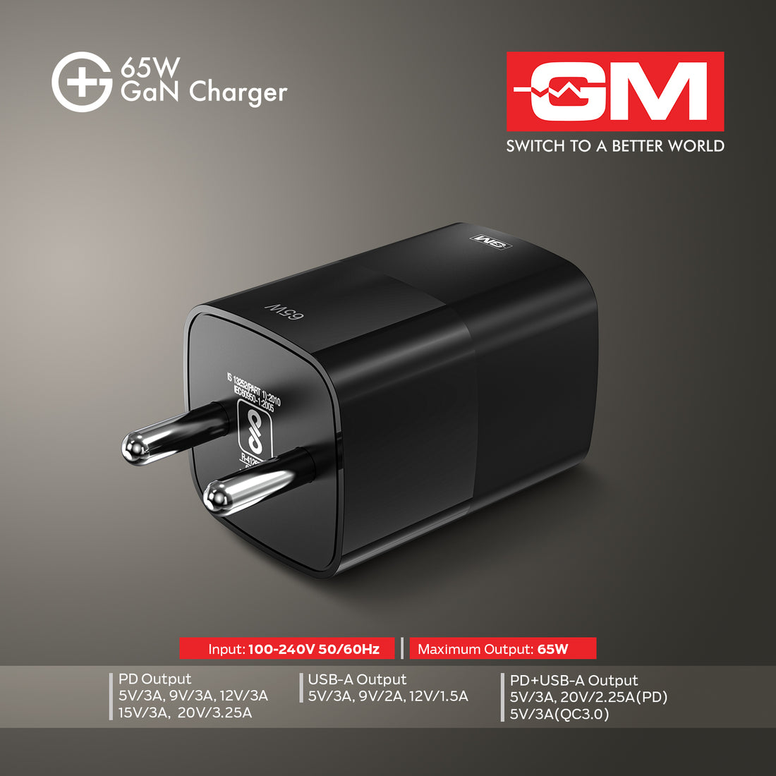 65W, Dual Port GAN Adaptor (QC 3.0+PD) (Black)