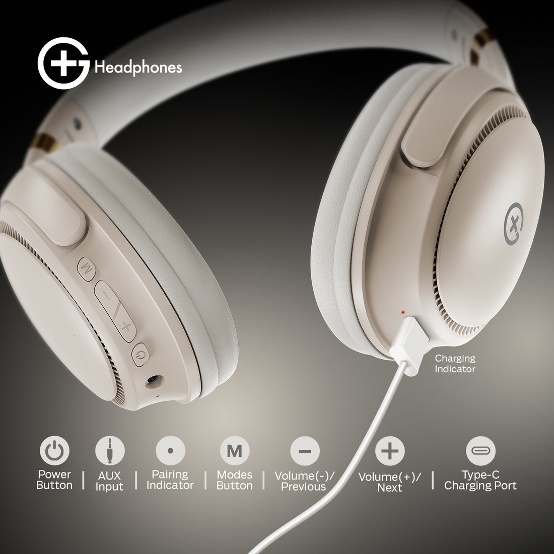 G+ Headphones BT 5.3, Pure Bass, Dual Pairing, 70H Playtime  (Beige)