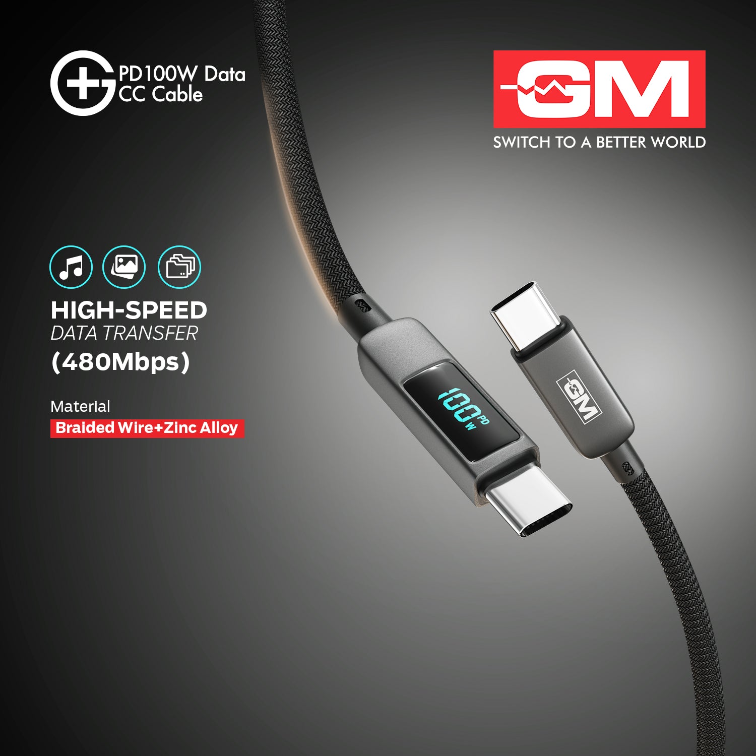 PD 100W DATA CC CABLE With DIGITAL DISPLAY (Metallic Grey)