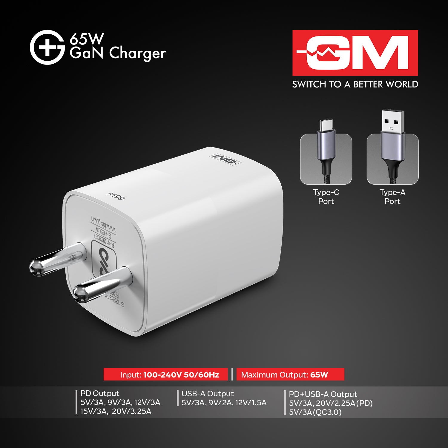 65W, Dual Port GAN Adaptor (QC 3.0+PD) (White)