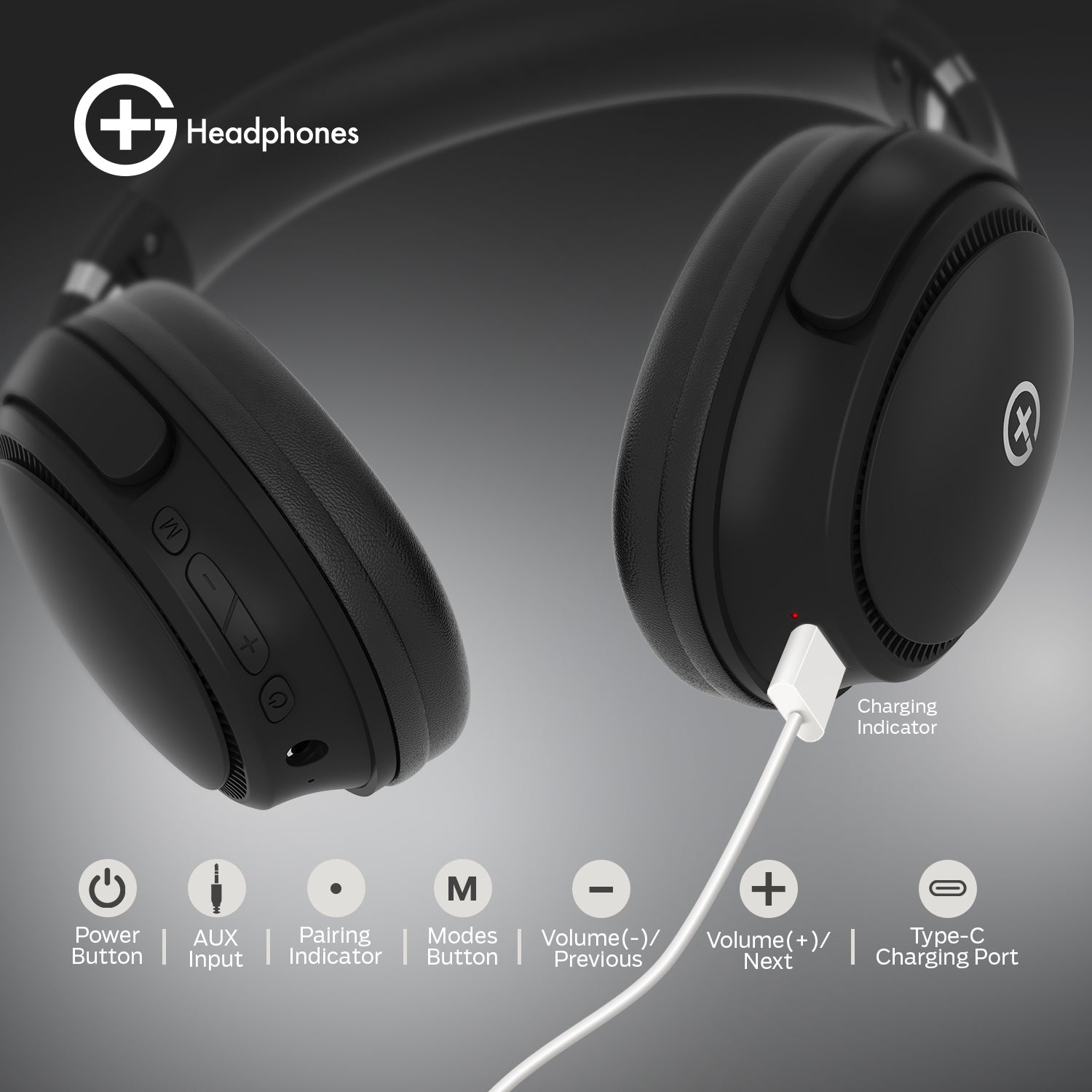 G+ Headphones BT 5.3, Pure Bass, Dual Pairing, 70H Playtime (Black)