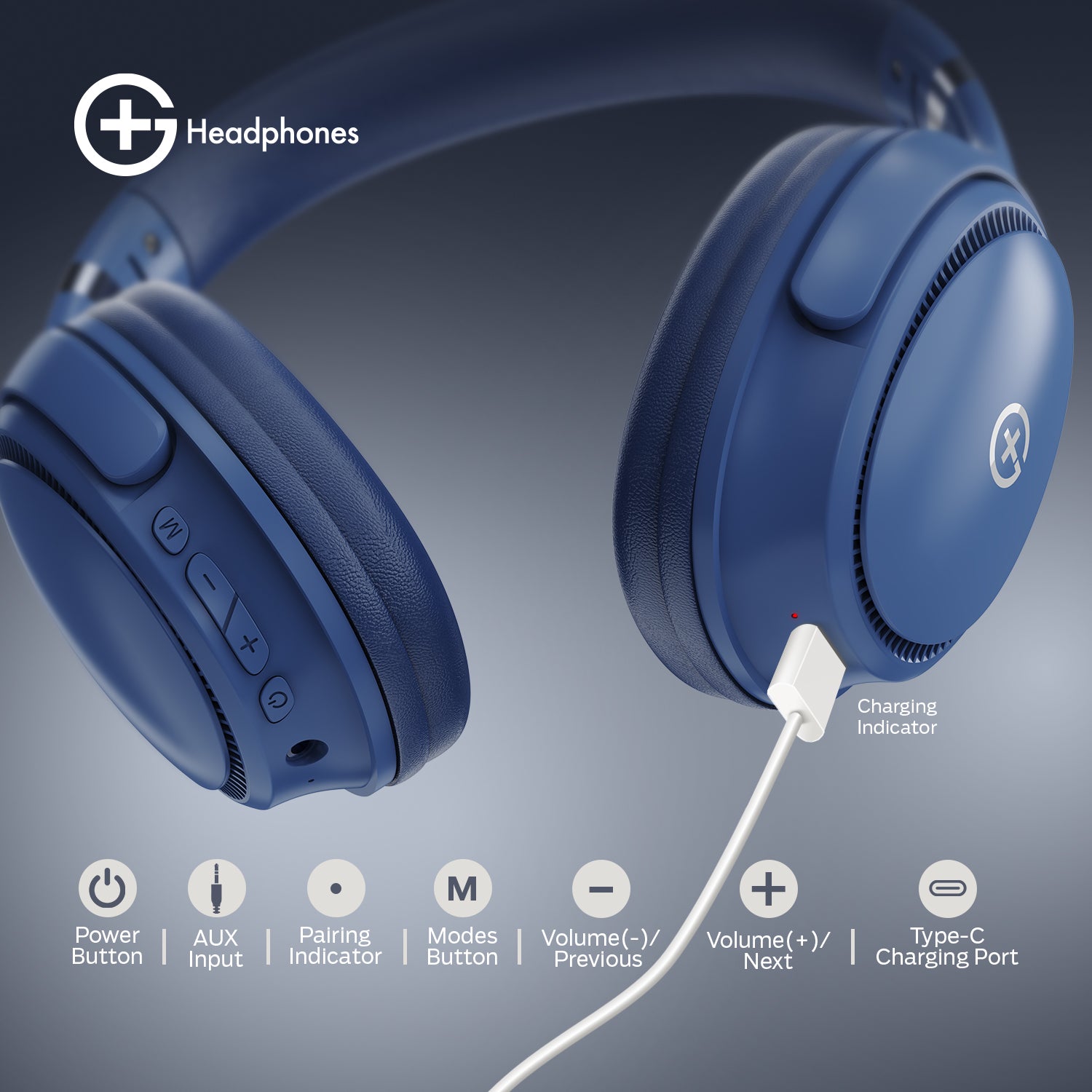 G+ Headphones BT 5.3, Pure Bass, Dual Pairing, 70H Playtime (Blue)