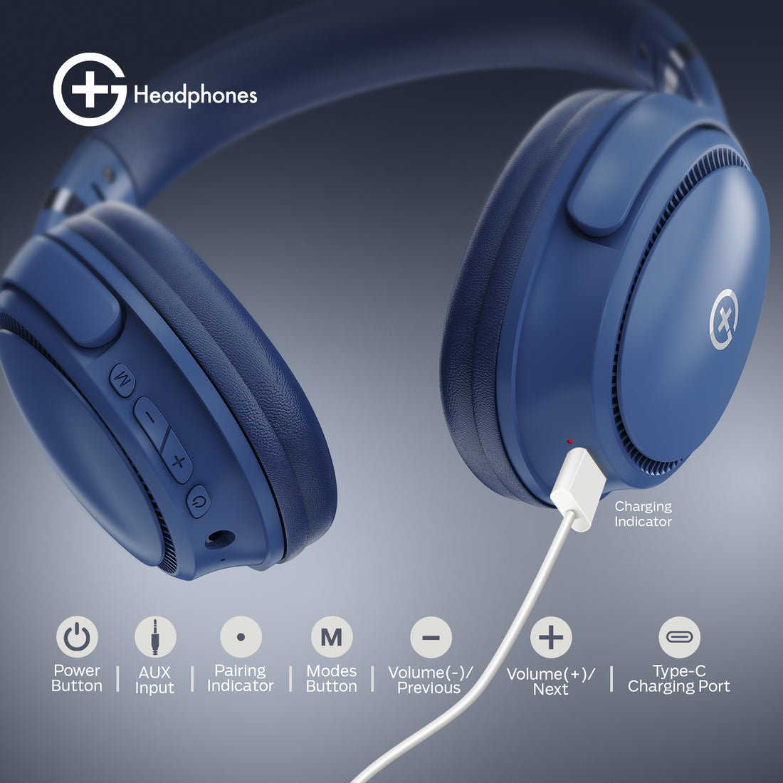 G+ Headphones BT 5.3, Pure Bass, Dual Pairing, 70H Playtime (Blue)