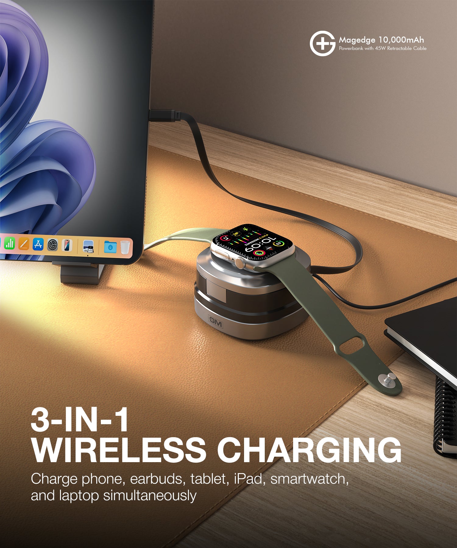 MAGEDGE 10000mAh Powerbank with 45W Type-C Retractable Cable