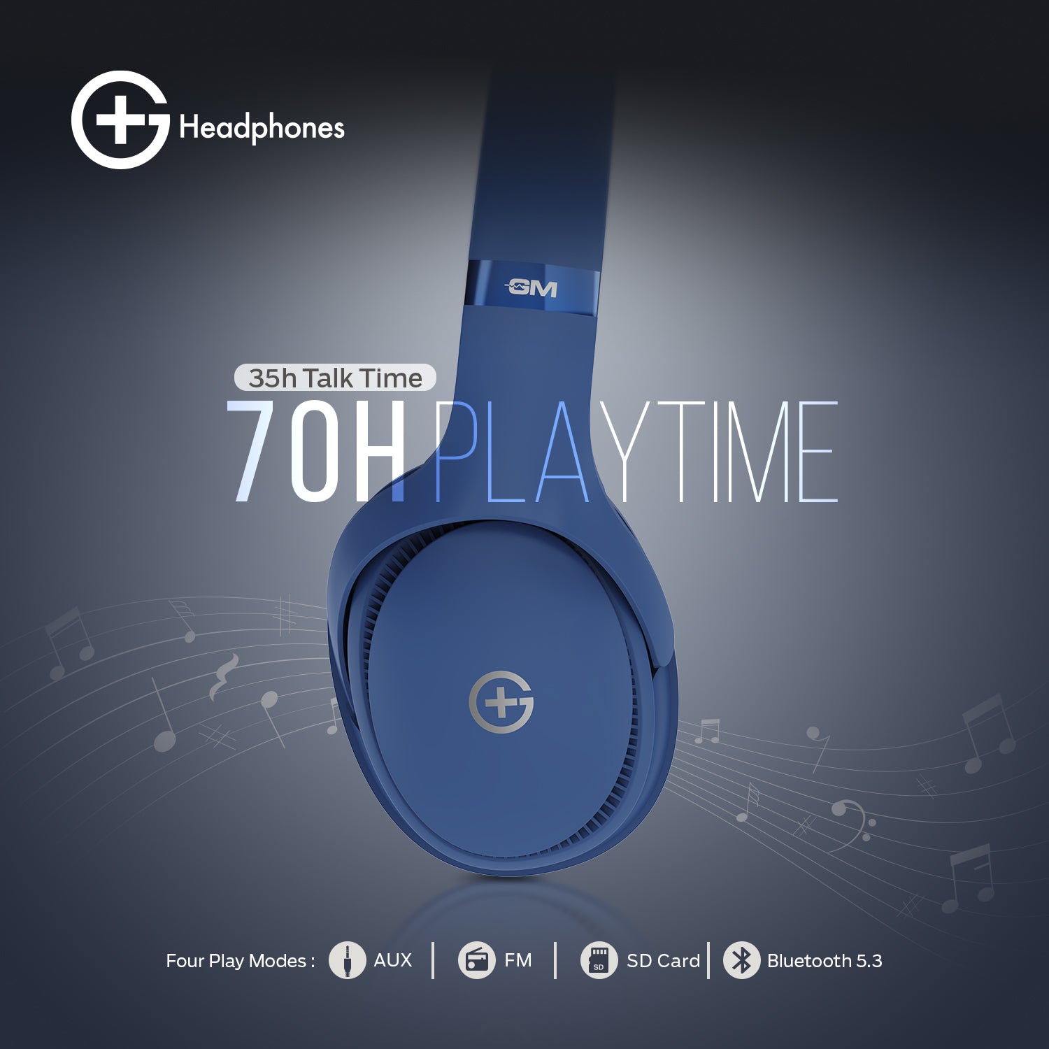 G+ Headphones BT 5.3, Pure Bass, Dual Pairing, 70H Playtime (Blue)