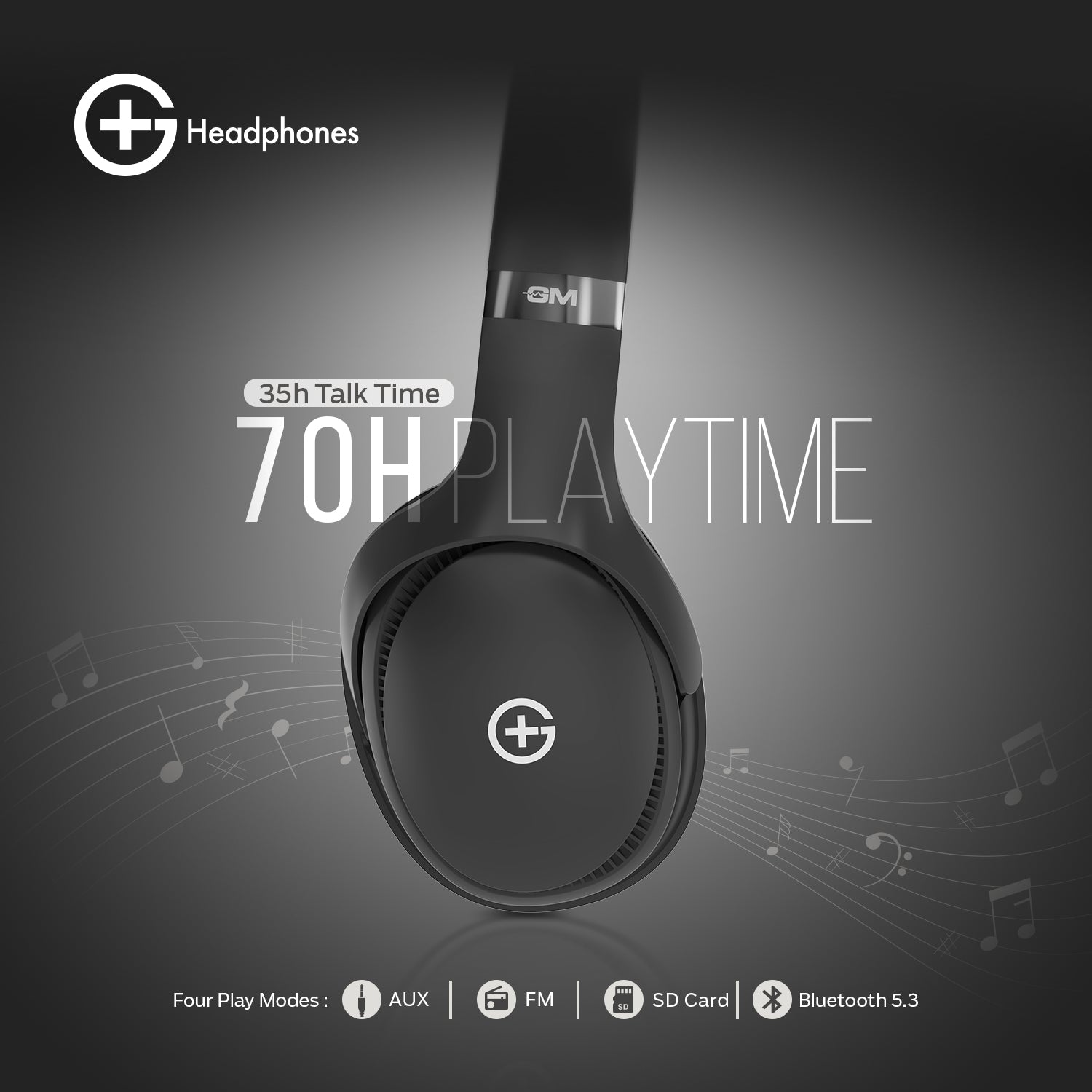 G+ Headphones BT 5.3, Pure Bass, Dual Pairing, 70H Playtime (Black)