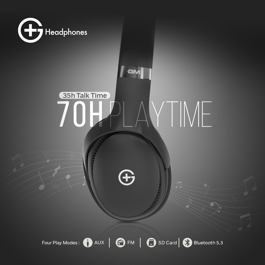 G+ Headphones BT 5.3, Pure Bass, Dual Pairing, 70H Playtime (Black)