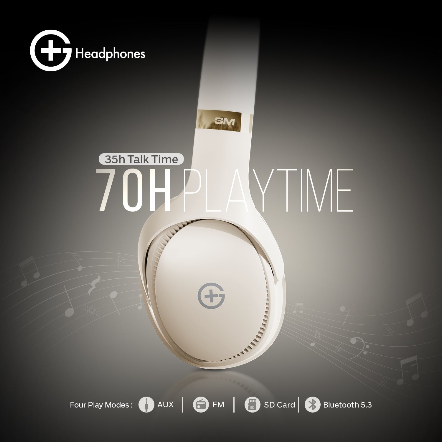 G+ Headphones BT 5.3, Pure Bass, Dual Pairing, 70H Playtime  (Beige)