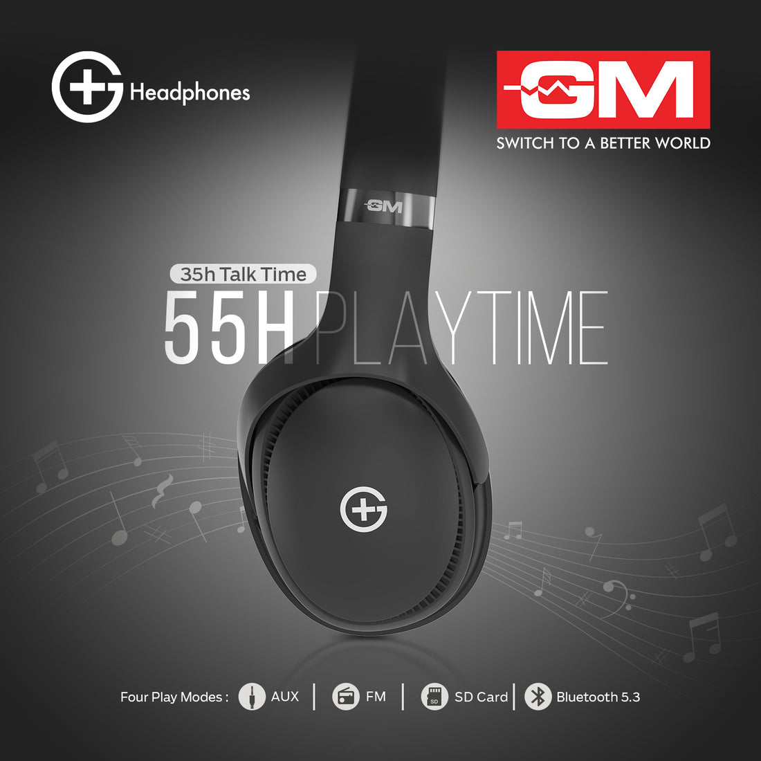 HEADPHONES - BT 5.3, 55H, PURE BASS, LOW LATENCY (Black)